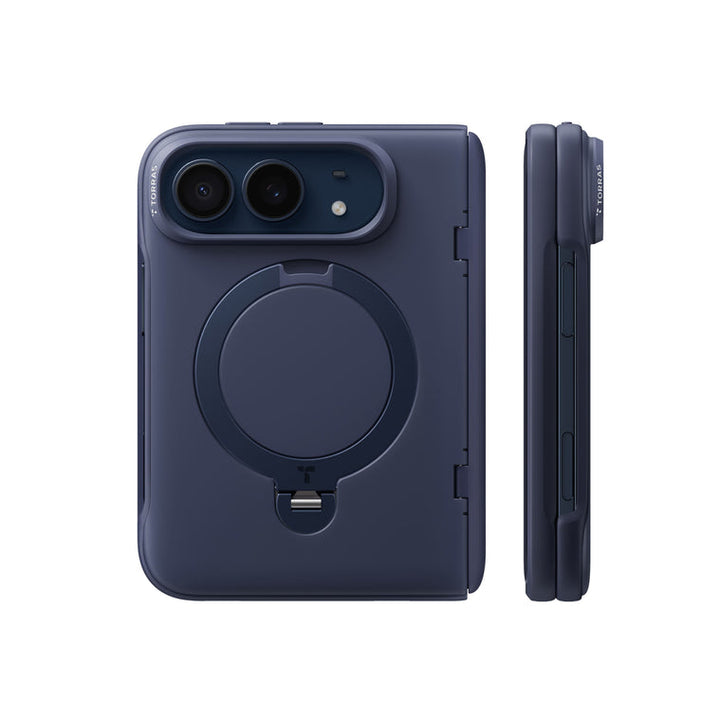 iPhone Duo用ケースの背面と側面。マグネットリングスタンドとカメラ開口部の位置が見える