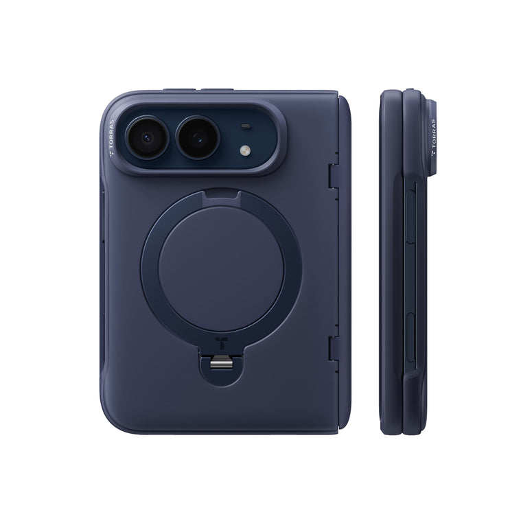 iPhone Duo用ケースの背面と側面。マグネットリングスタンドとカメラ開口部の位置が見える