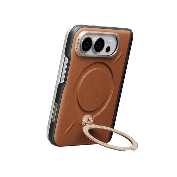 ブラウン系レザートーンのiPhone Duo用スタンドケース。背面のリングスタンドを立てた状態と側面の厚み