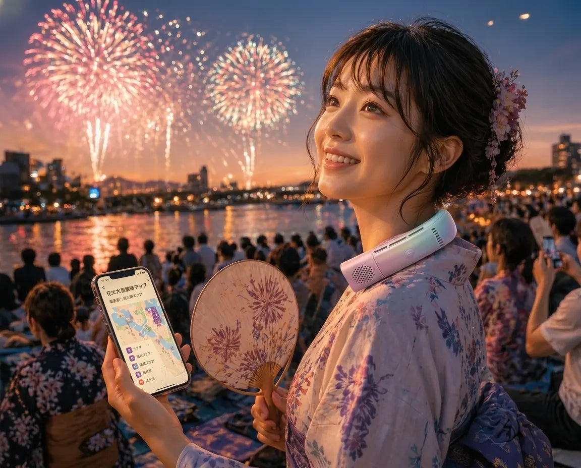 浴衣姿でTorrasのネッククーラーを装着し、スマホを手に花火大会を楽しむ女性