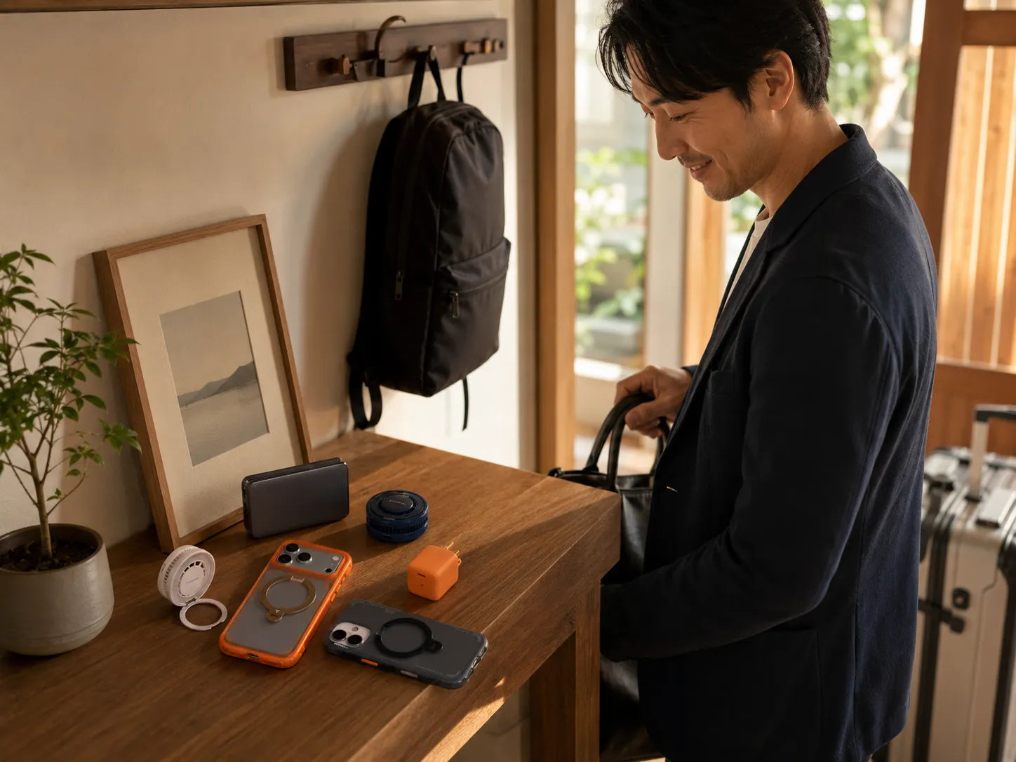 出張や通勤の準備をする男性の横で、Torrasのオレンジとグレーのスマホケース、オレンジのモバイルバッテリー、ブルーのポータブルスピーカーが木のテーブルに並んでいる。