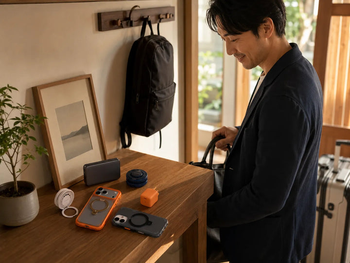 出張や通勤の準備をする男性の横で、Torrasのオレンジとグレーのスマホケース、オレンジのモバイルバッテリー、ブルーのポータブルスピーカーが木のテーブルに並んでいる。