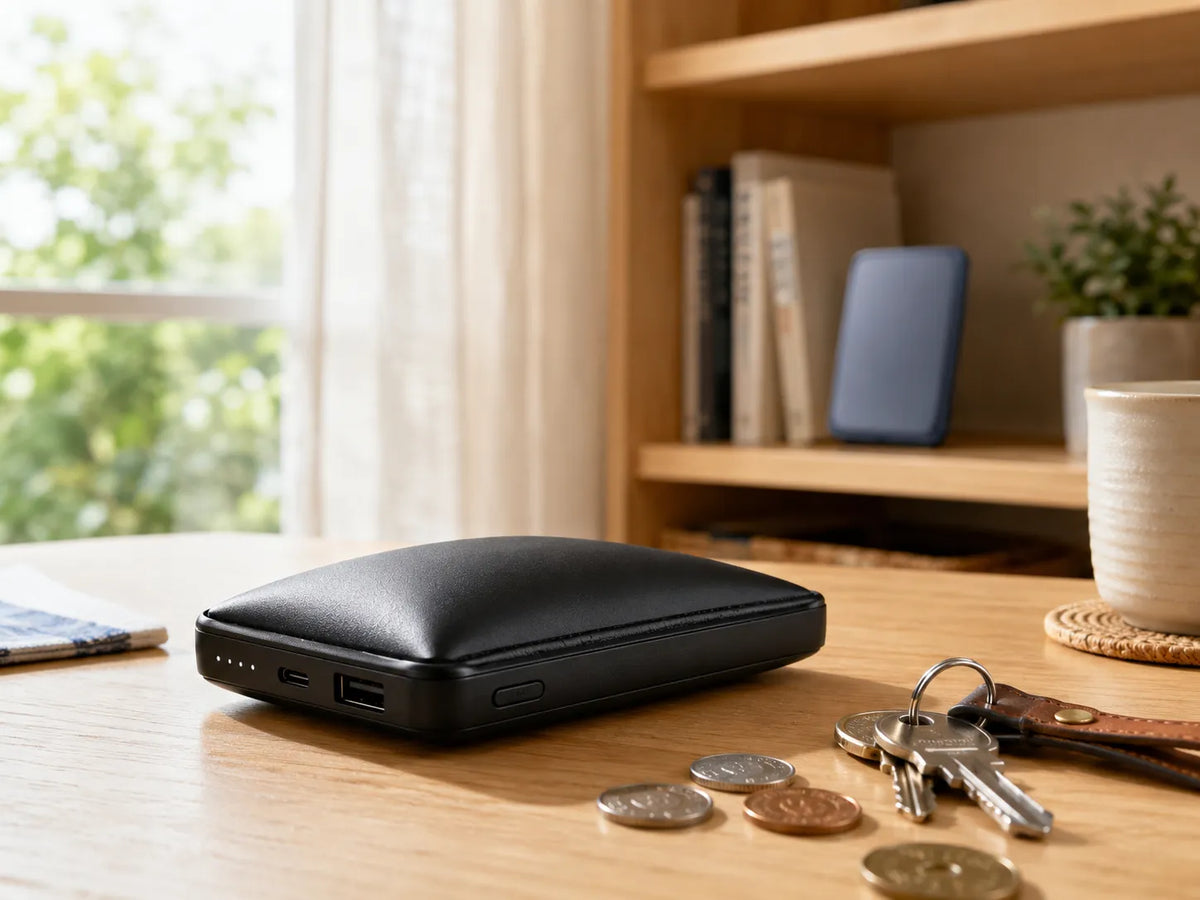 木製のデスクに置かれたTorrasの黒いモバイルバッテリーの横に、鍵とコインが置かれています