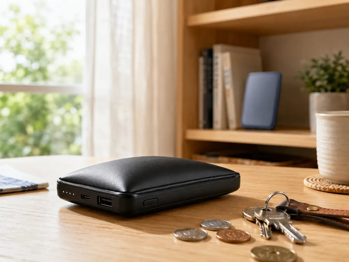 木製のデスクに置かれたTorrasの黒いモバイルバッテリーの横に、鍵とコインが置かれています