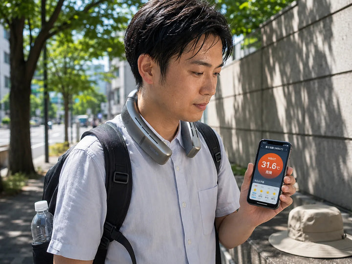 暑さ指数31.6℃の危険な屋外で、スマートフォンの画面を見つめる男性。首元にはTorrasの革新的なネッククーラーを着用し、リュックを背負って汗をかきながらも、最先端のテクノロジーでスマートに熱中症対策を行う様子が描かれています