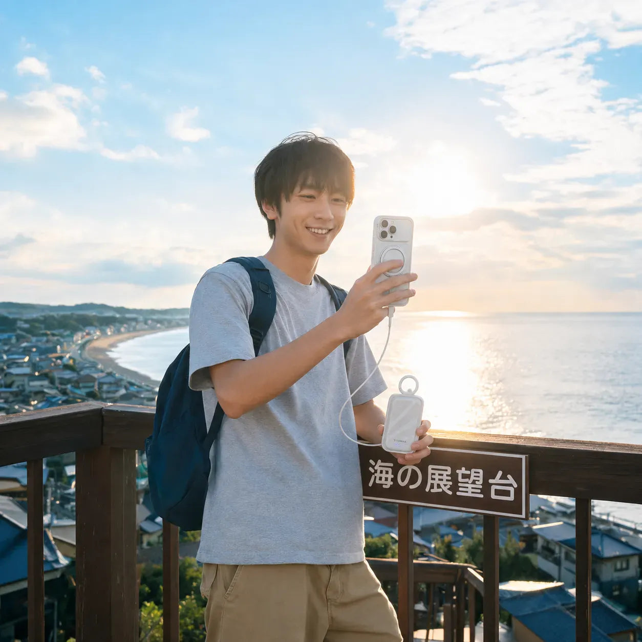 海の展望台でTORRASモバイルバッテリーを使ってスマホを充電する旅行中の男性