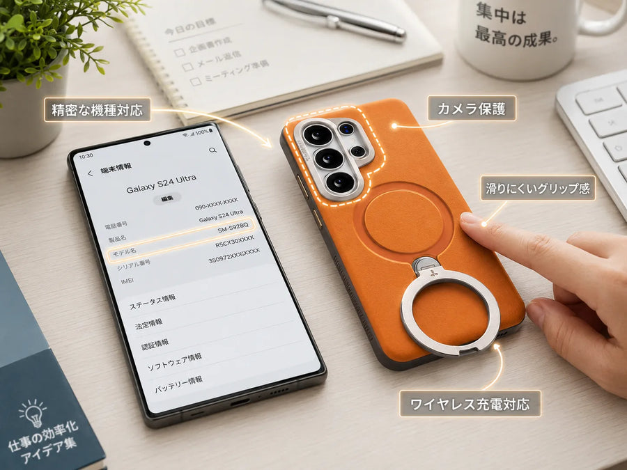 Torrasのオレンジレザー調ケース（Galaxy S24 Ultra対応）を手に取り、リングスタンドやカメラ保護、グリップ感を指し示す製品画像。