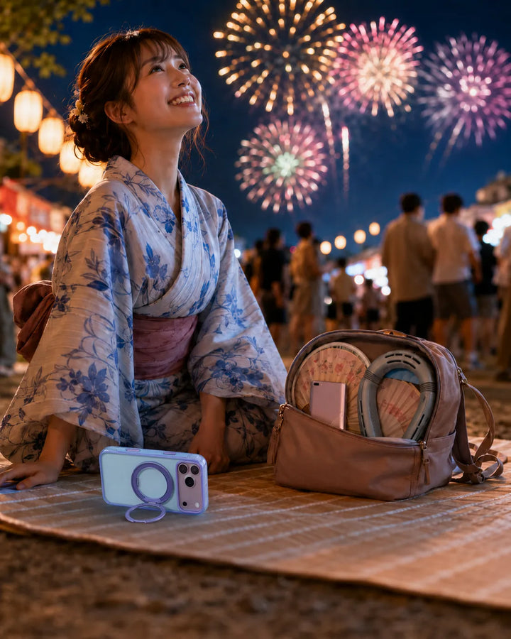 ネッククーラー、扇子、スマートフォン、レジャーシートを備えた花火大会の持ち物