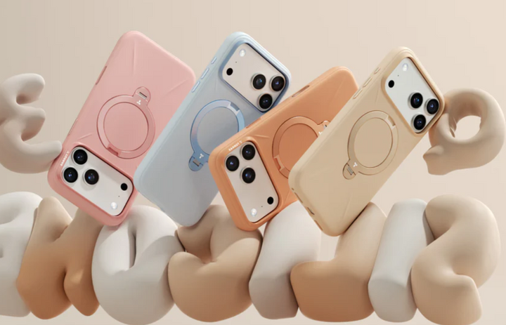 TorrasのiPhone耐衝撃ケース4色（ピンク・ブルー・オレンジ・ベージュ）がMagSafeリング付きで浮かび、背面保護とカメラ部を明確に示す