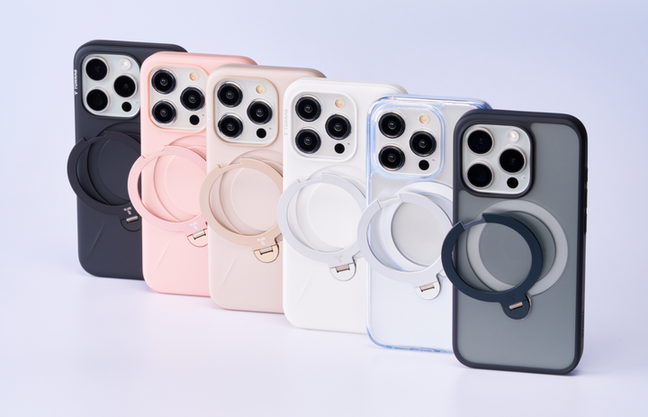 白い背景に斜めに並ぶ、多色展開のiPhone用ケース。黒やピンク、クリアなど各色の背面には、折りたたみ式の丸型リングスタンドが搭載されています。シンプルで使いやすさにこだわったTorrasのケースシリーズです