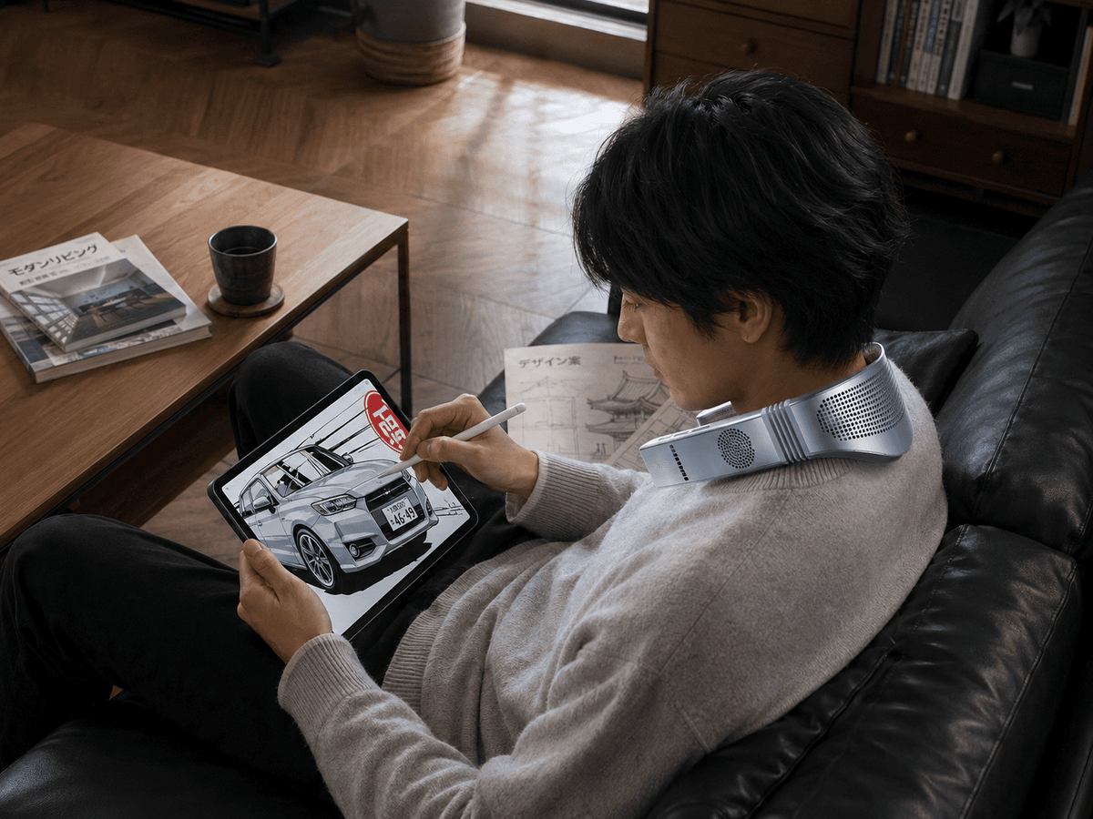 リビングのソファに座りTorrasの首掛け式ネッククーラーを着用してタブレットで車のイラストを描く男性