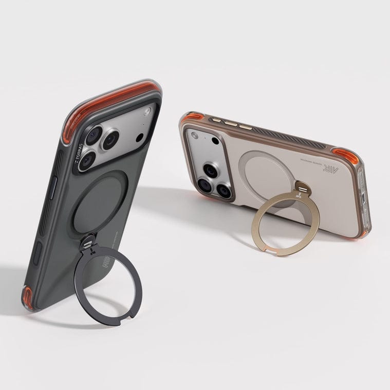 指環スタンド付きのiPhone 18 Pro用ケース2種類。左は深いグレー、右はベージュで背面のマグネットリングが見える