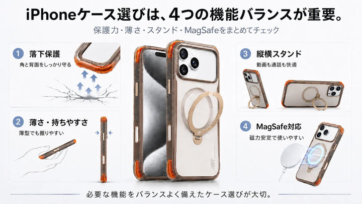 Torrasのクリアケースは落下保護・薄型・リングスタンド・MagSafe対応の4機能をバランス良く備える
