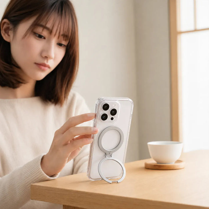 TORRAS透明スマホケースをリングスタンドで卓上に立てる女性