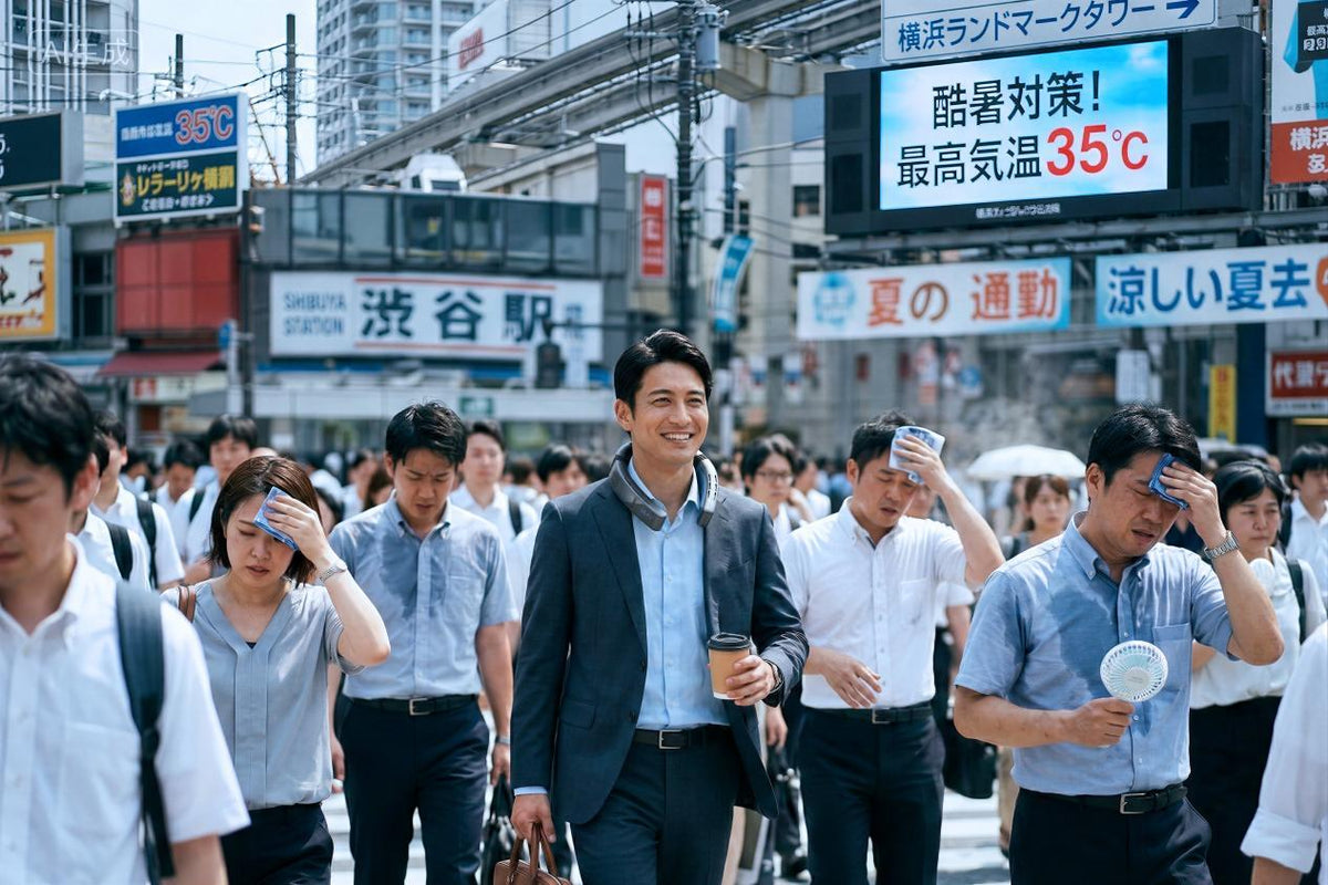 暑い街中でTorrasネッククーラーを首に装着し、夏の外出中に涼しさを確保する男性