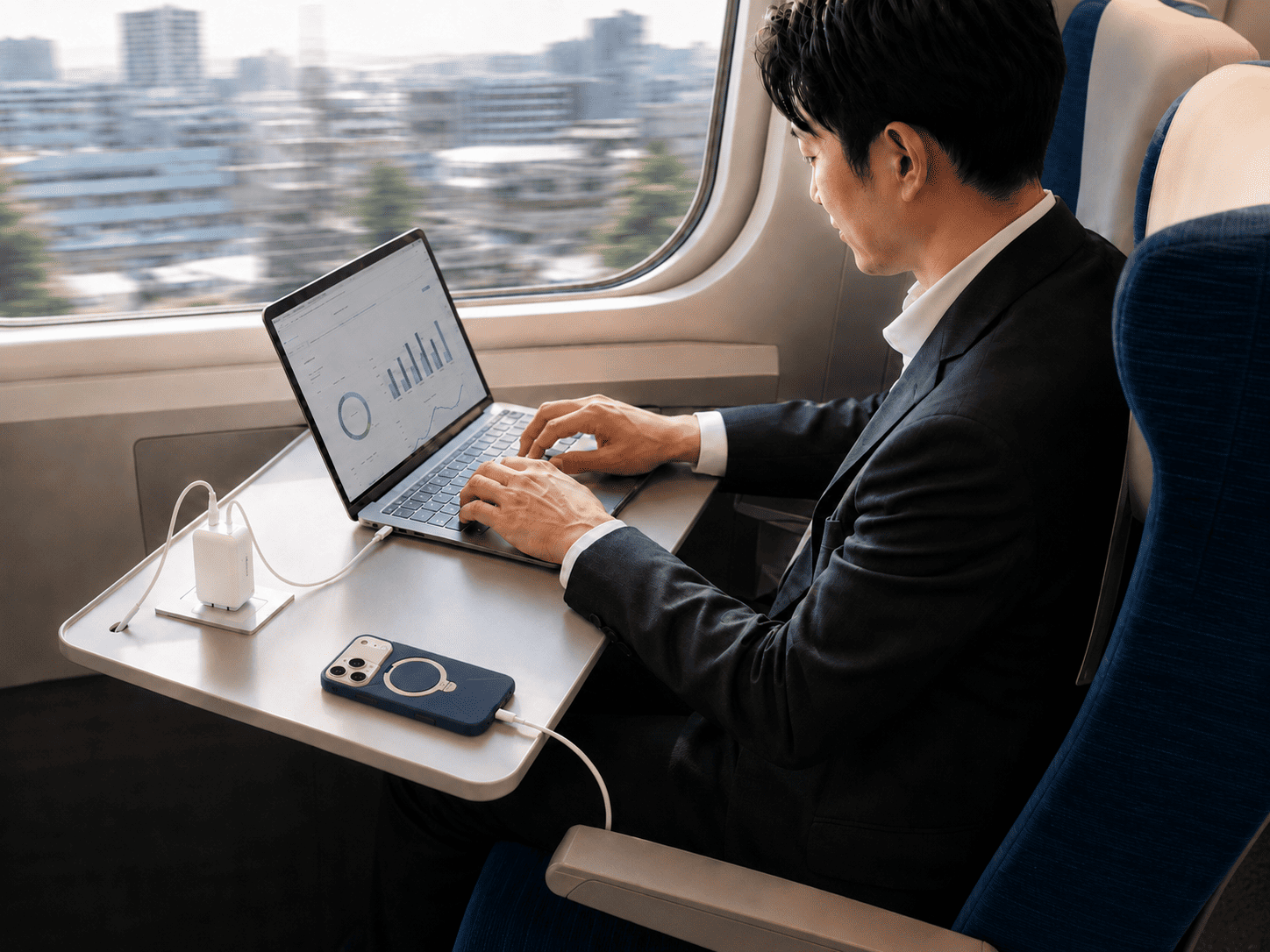 Torrasのコンパクトな急速充電器でスマホとノートPCを同時に充電する出張セットアップ