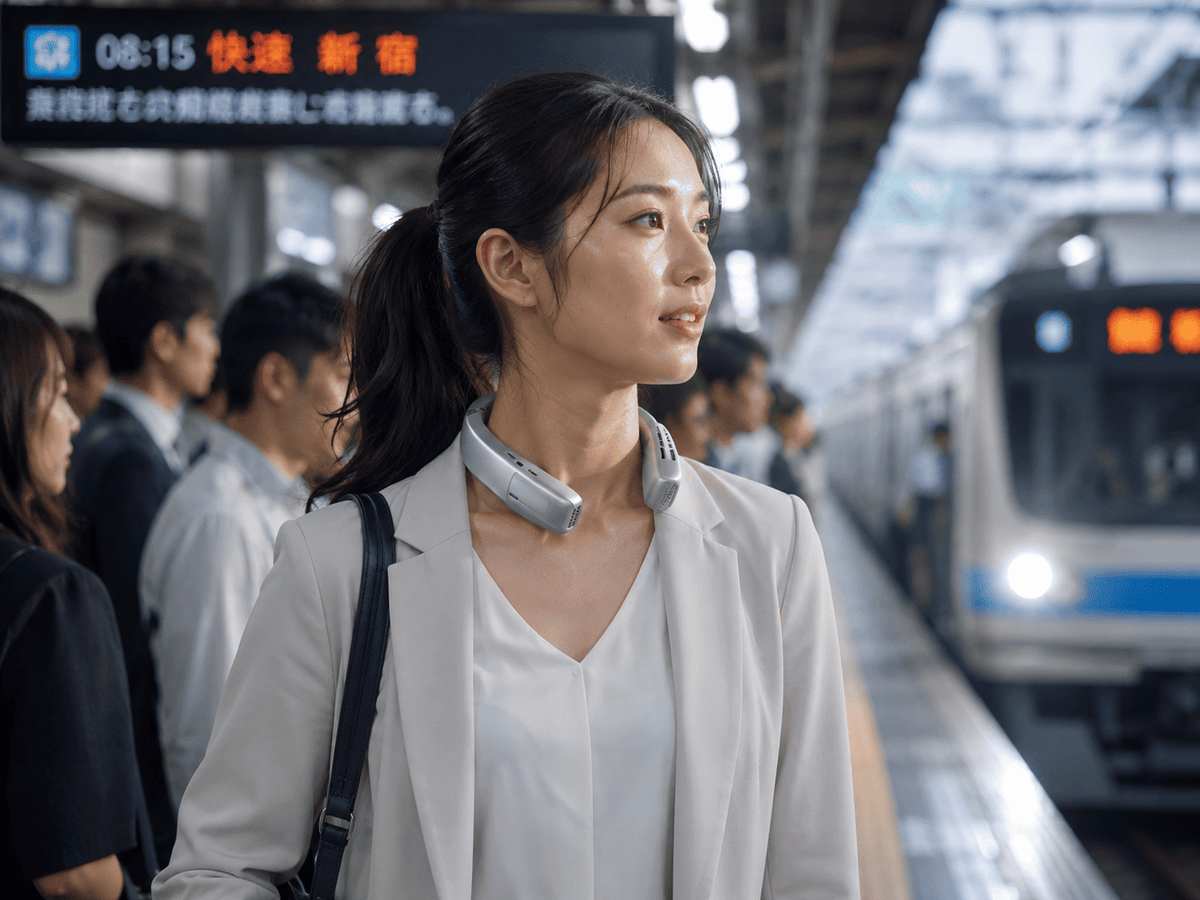 Torras ネックファンで満員電車通勤中の首元を涼しくする様子
