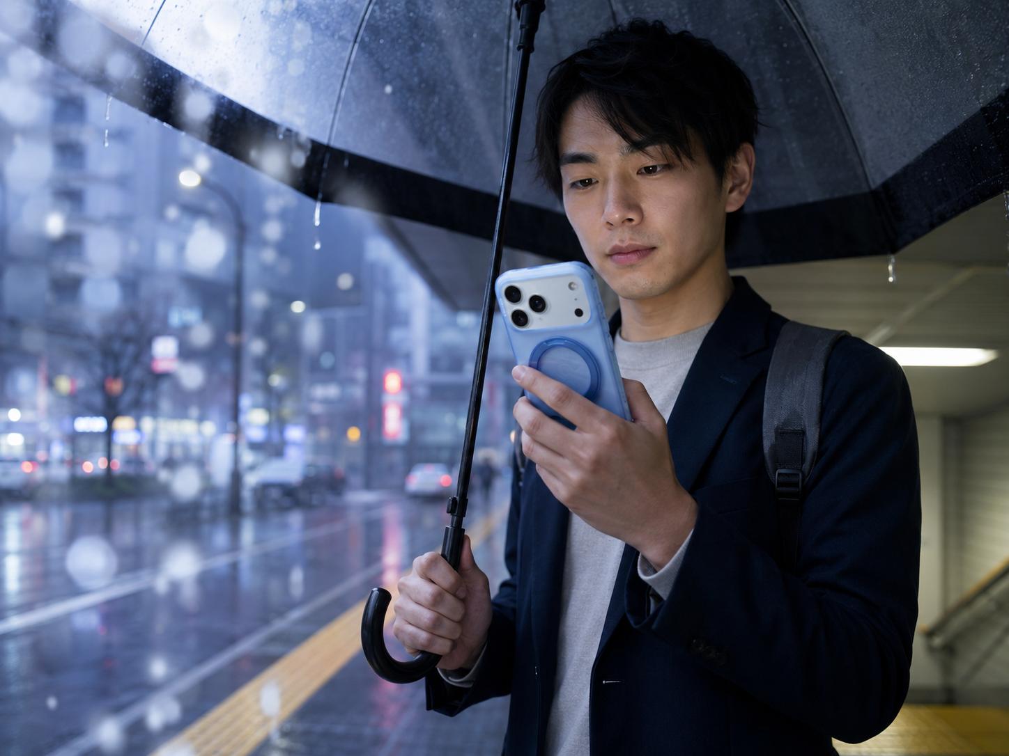 雨の中、通勤中の男性が傘をさしながら、「Torras」製の防水ケースに入れたスマートフォンを使用している