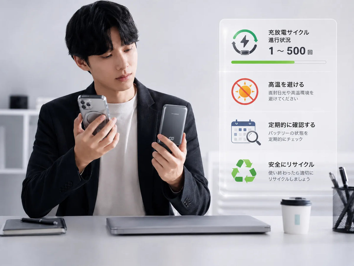 Torrasのポータブル電源を手に持つスーツ姿の男性。スマホと一緒に充電サイクルや高温回避などのメンテナンスポイントをインフォグラフィックで紹介。