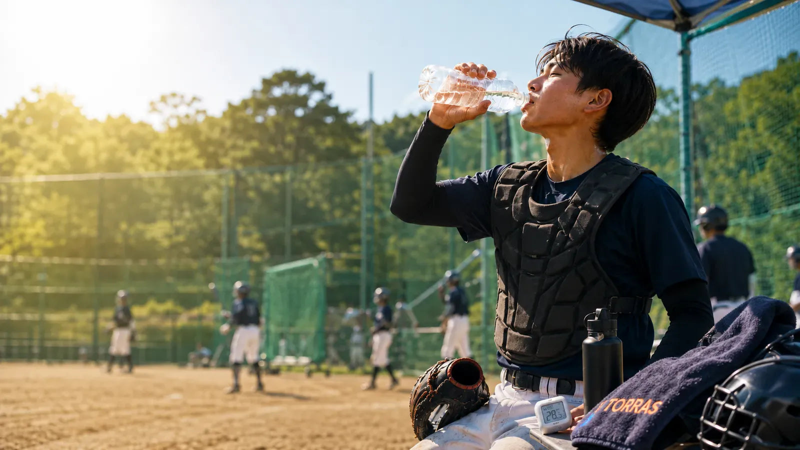 夏の野球練習中に水分補給をする選手とTORRAS暑さ対策グッズ