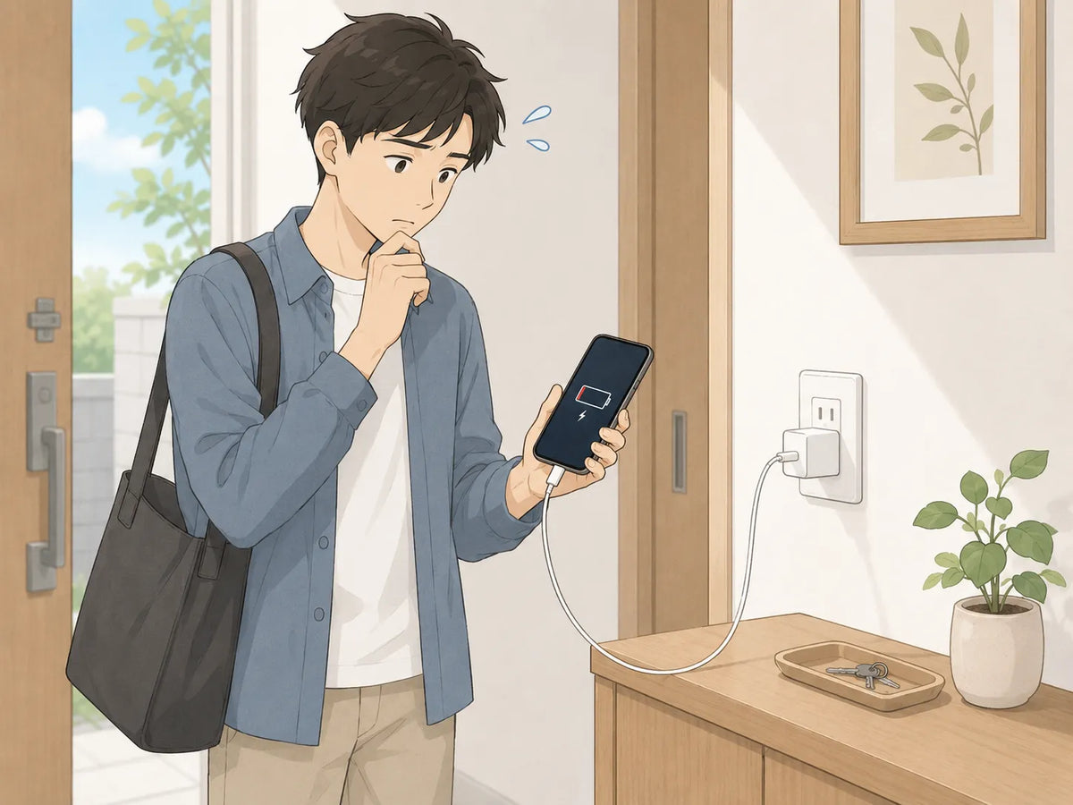 低バッテリー表示のスマホを見て心配する男性のイラスト。近くにコンセントと充電器が置かれた室内の日常シーン。
