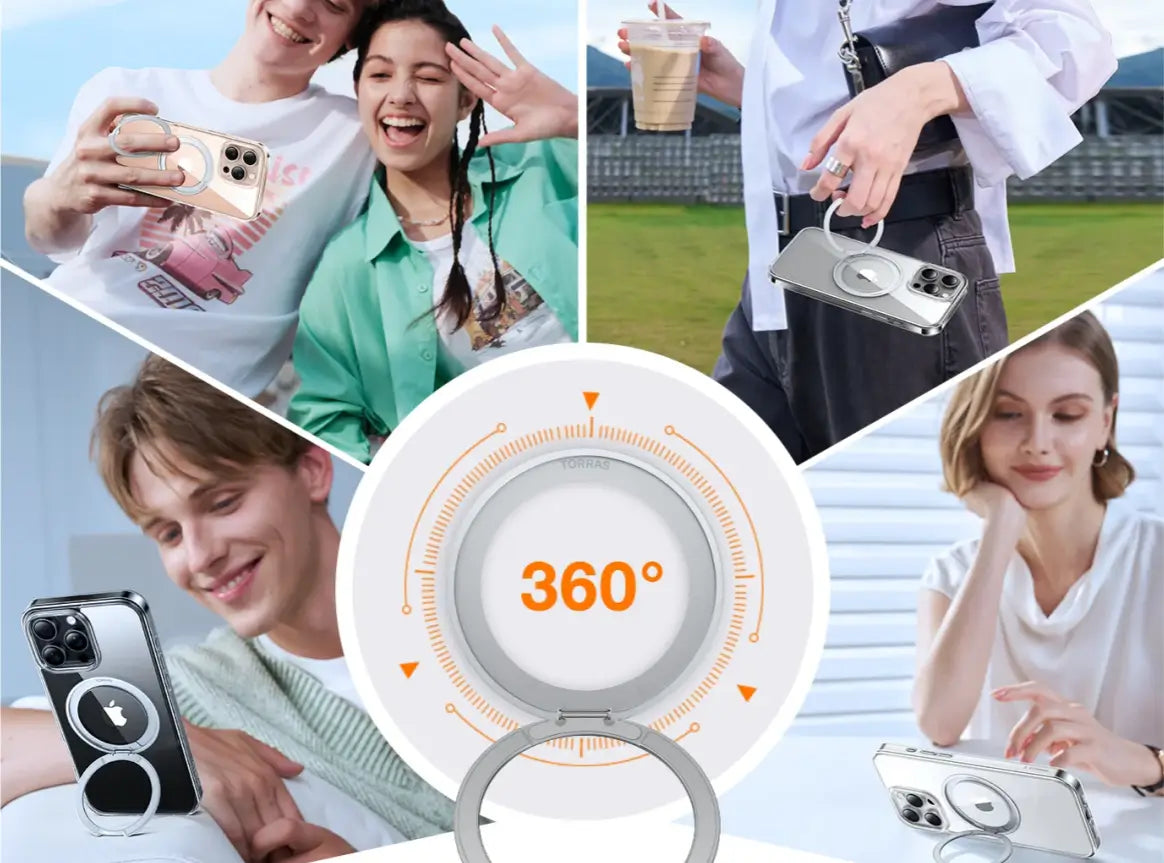 360°回転するOリングを備えたTorrasのiPhoneケース。スタンドやフィンガーループとして、縦横問わず自由な角度で快適に使えます