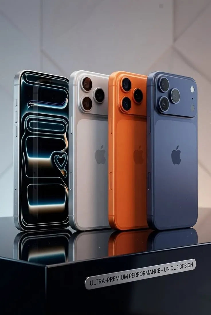 4台のiPhoneが並び、前面は抽象画面、背面はシルバー・オレンジ・ブルーでAppleロゴが輝く。Torrasケース向きのデザイン