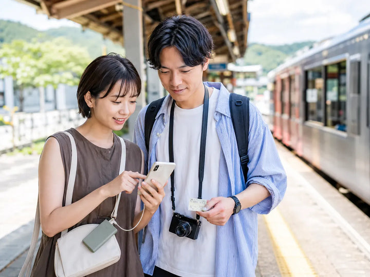 駅のホームでモバイルバッテリーを使いながら旅行計画を確認するカップル