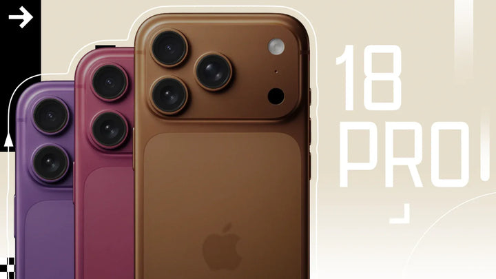 パープル・ピンク・ブラウンの3色のスマートフォンを並べ「18 PRO」と表示した、発売前モデルのイメージ画像