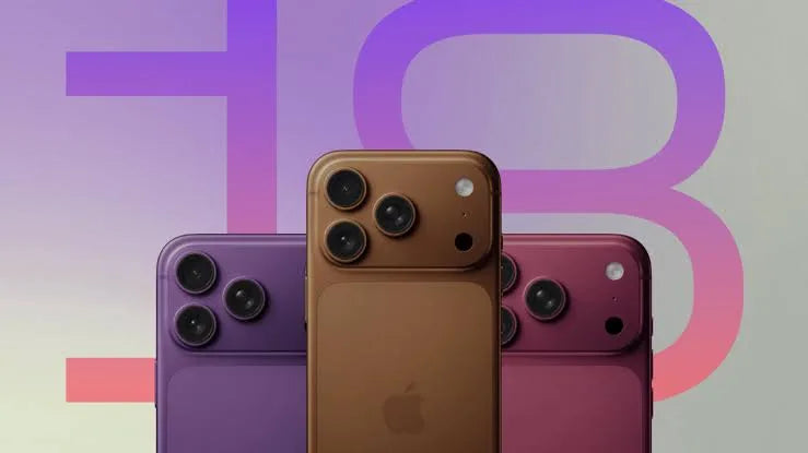 発売前のiPhone 18を想定した第三者作成のコンセプト画像。パープル、ブラウン、ピンクの3台の背面と大きな「18」の文字
