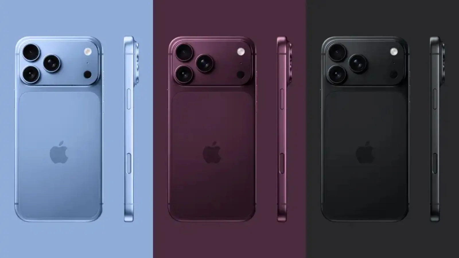 第三者が作成したiPhone 18 Proのイメージ画像。ブルー、バーガンディ、ブラックの3色を背面と側面から並べたもの