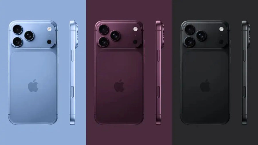 第三者が作成したiPhone 18 Proのイメージ画像。ブルー、バーガンディ、ブラックの3色を背面と側面から並べたもの
