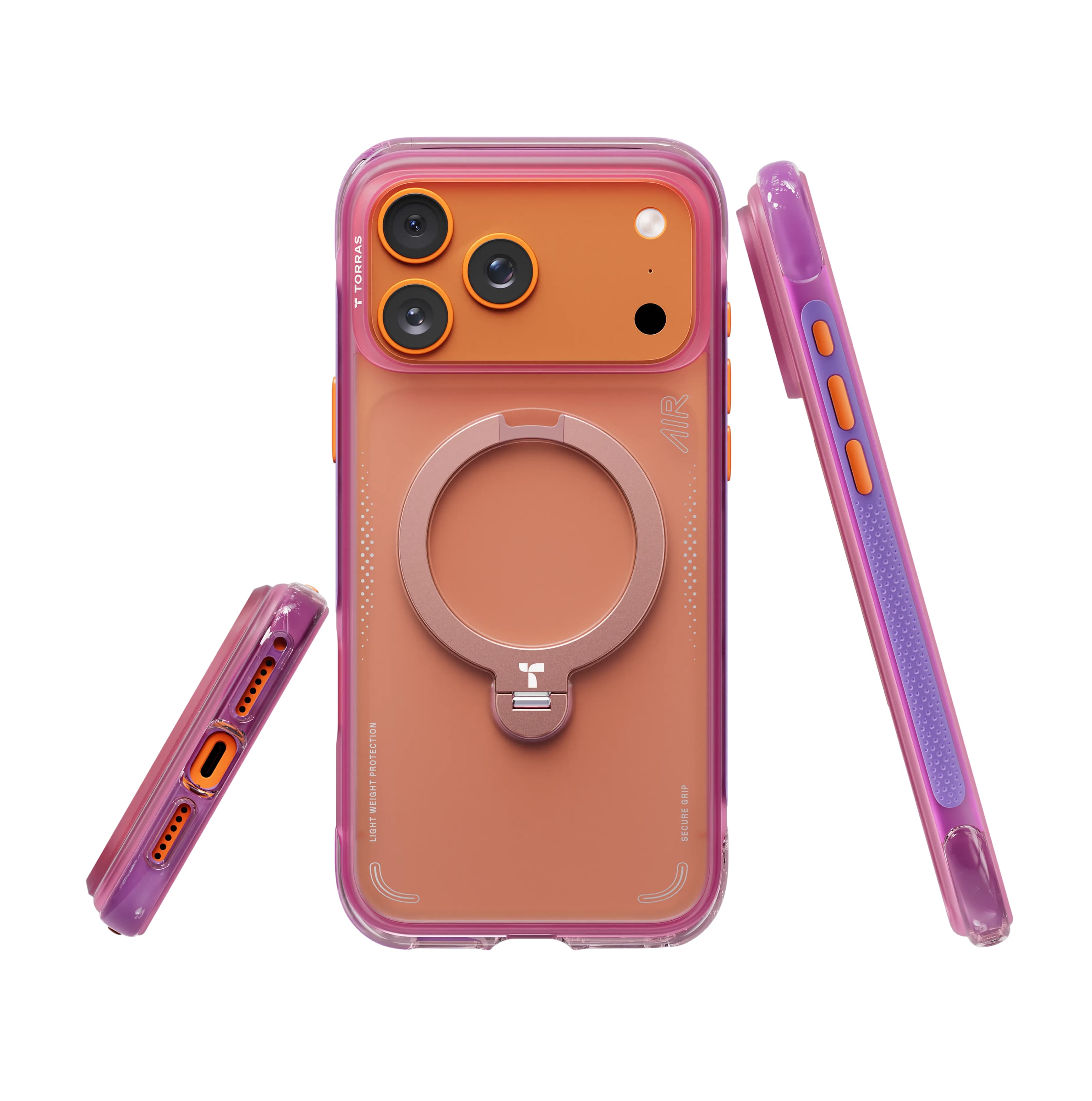 TORRAS Ostand Q3 Air ケース iPhone 18 Pro/Pro Max 対応、オレンジ×ピンクの2色ケースが並ぶバリエーション展開。
