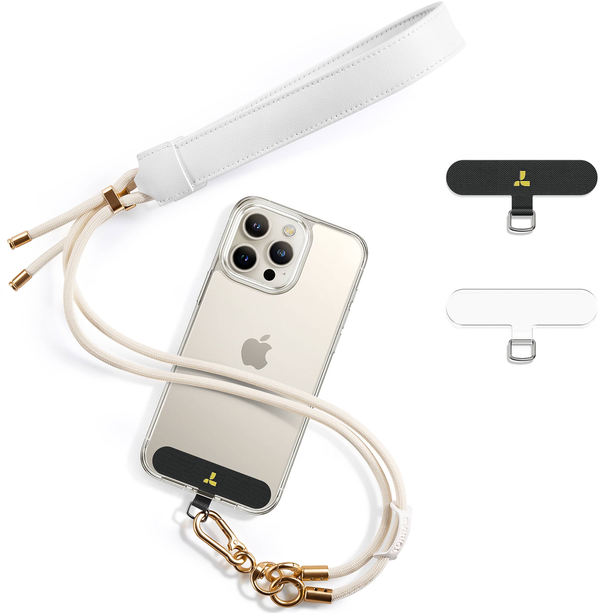 白革ストラップ、ベージュのランヤード、ゴールドの金具、および取り付けタブ付きのiPhoneケース