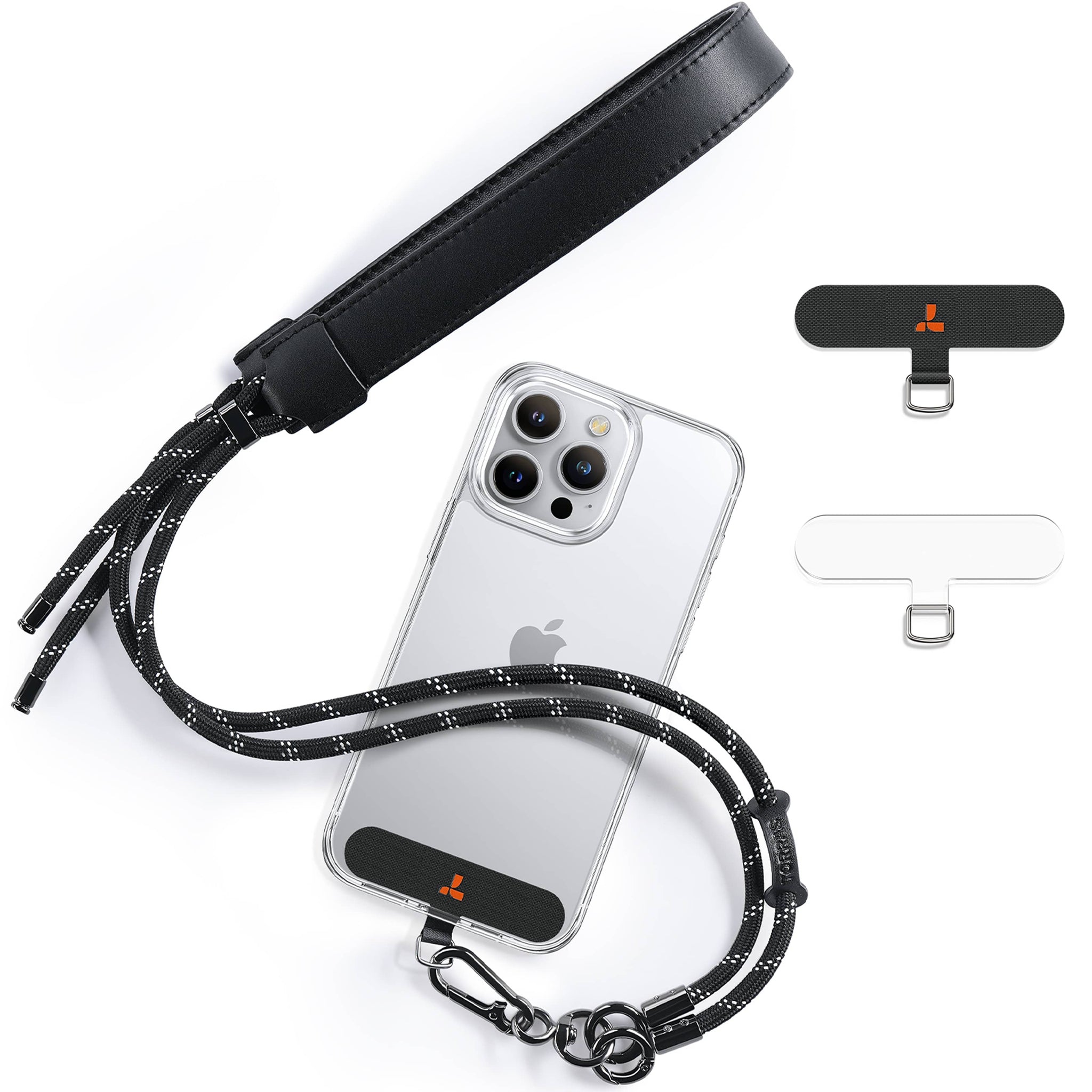 TORRAS ブラック編み携帯電話ストラップ（レザーリストループ付き、クリアケースアタッチメント付き）