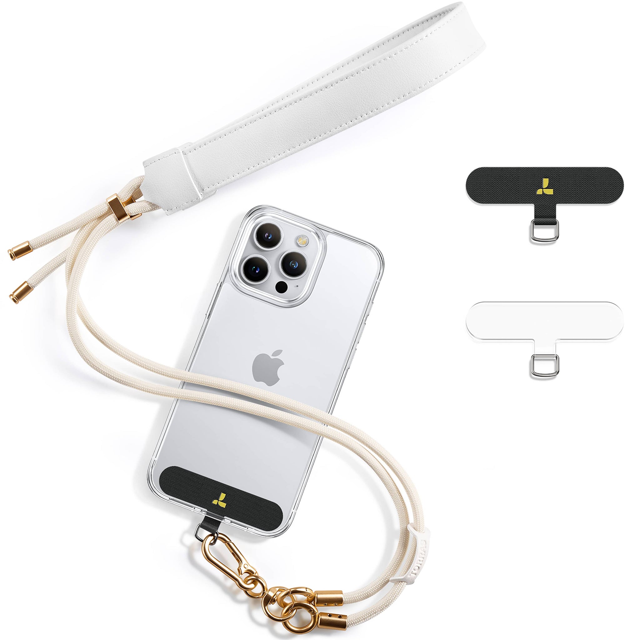 白革のリストストラップ、ベージュのコード製iPhoneランヤード、ゴールドのハードウェア、およびアタッチメントタブ。