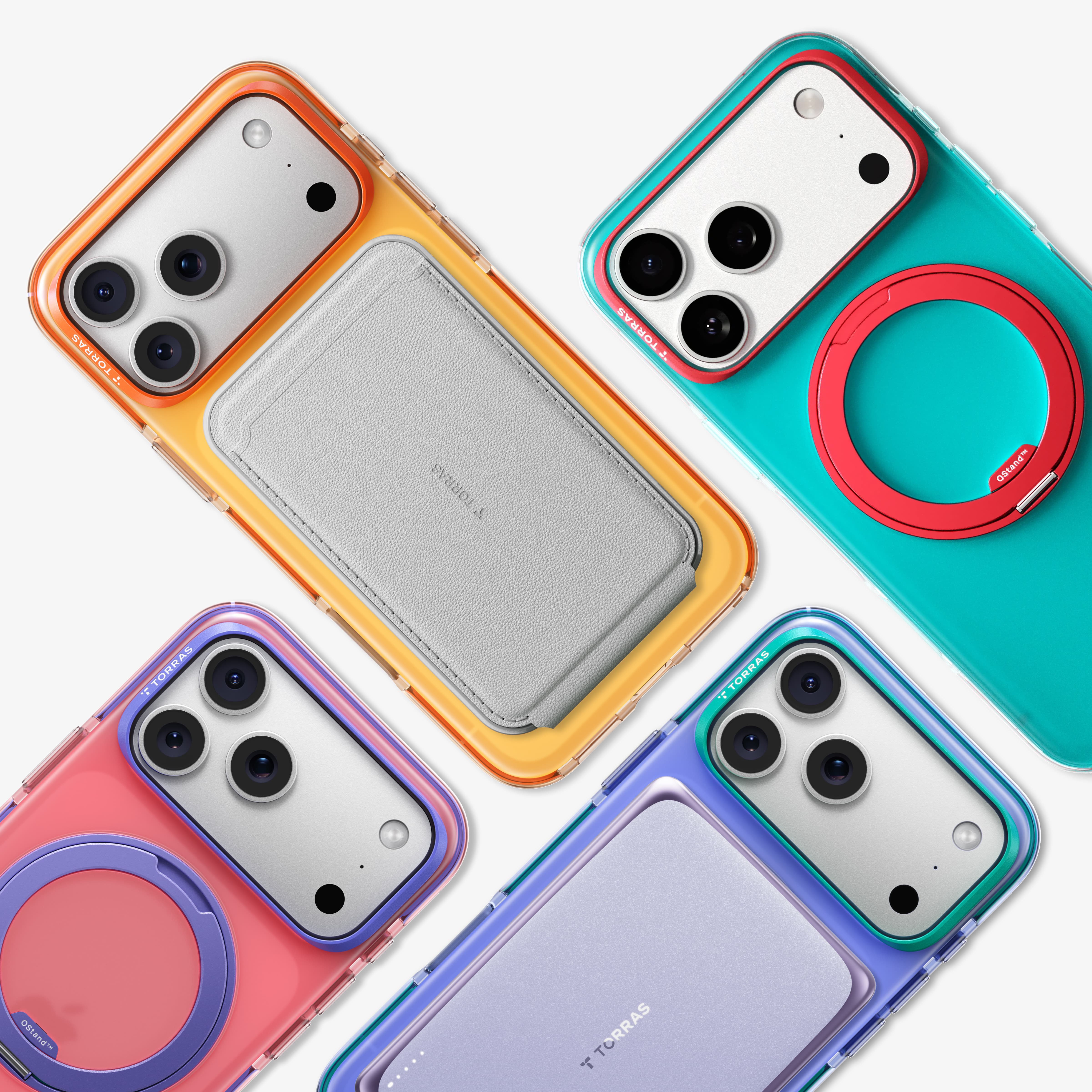 TORRAS Ostand O3 Hue ケース iPhone 18 Pro/Pro Max 対応、パープル、グリーン、ピンク、グレーの4色ケースが並ぶカラーバリエーション。