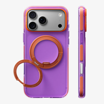 TORRAS Ostand O3 Hue ケース iPhone 18 Pro/Pro Max 対応、パープルケースにオレンジのリングStandを立てたサイドビュー。