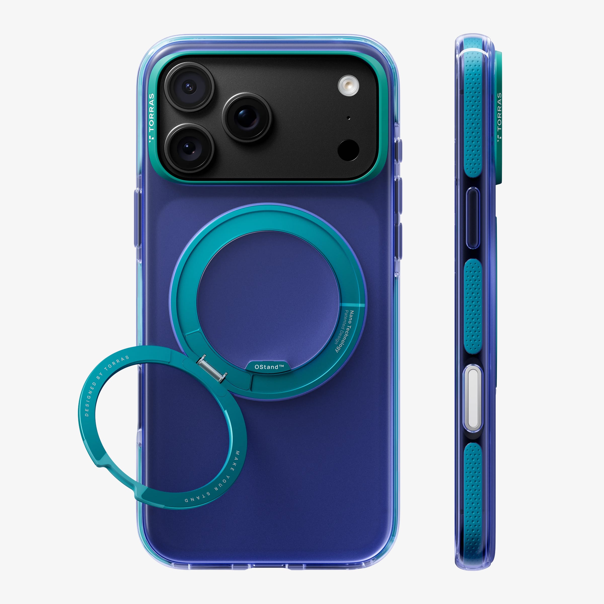 TORRAS Ostand O3 Hue ケース iPhone 18 Pro/Pro Max 対応、パープルケースにピンクのリングStandを立てた背面ビュー。