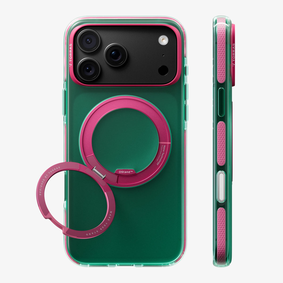 TORRAS Ostand O3 Hue ケース iPhone 18 Pro/Pro Max 対応、グリーンケースにピンクのリングStandを立てた背面ビュー。