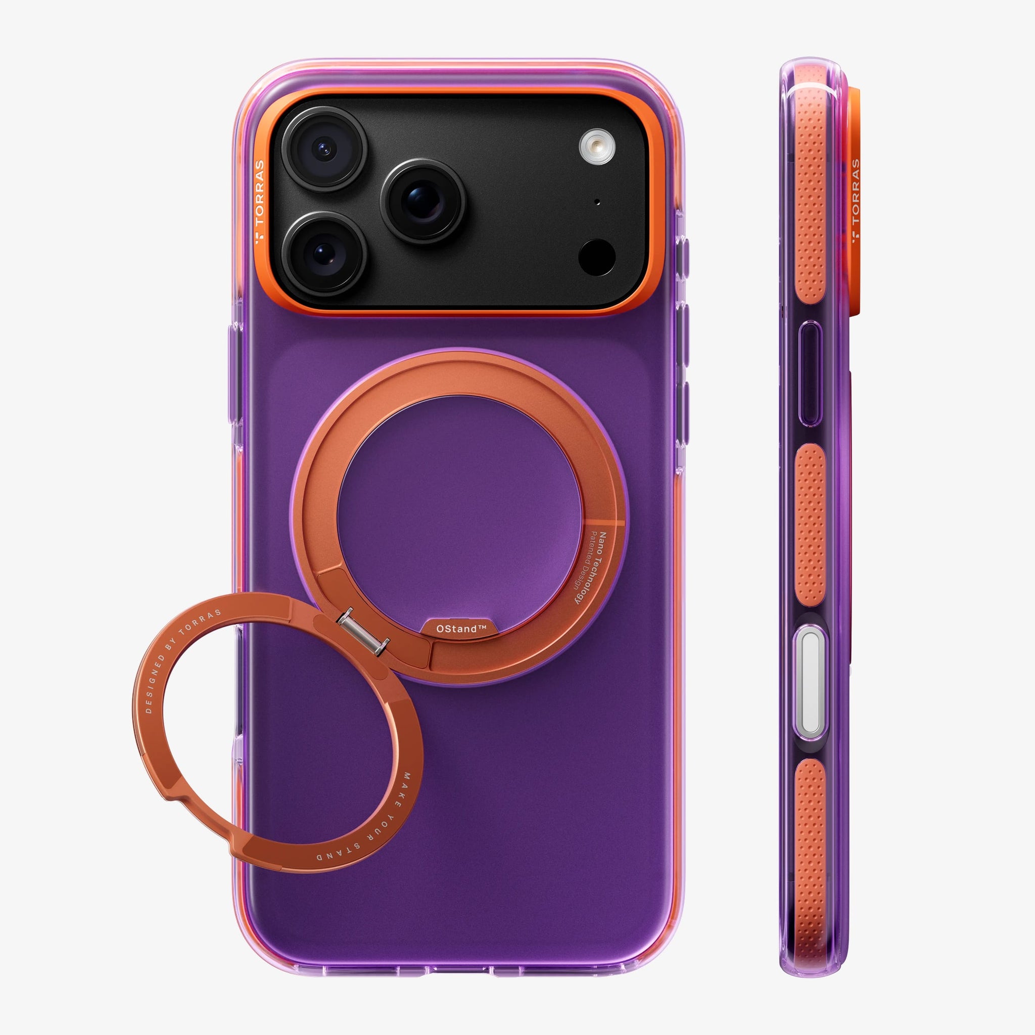 TORRAS Ostand O3 Hue ケース iPhone 18 Pro/Pro Max 対応、パープルケースにピンクのリングStandを立てた背面ビュー。