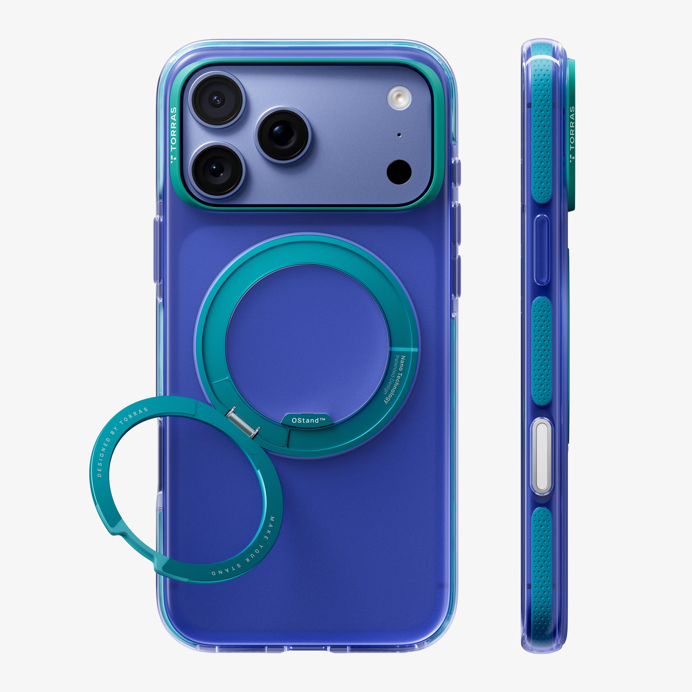 TORRAS Ostand O3 Hue ケース iPhone 18 Pro/Pro Max 対応、ブルーケースにティールのリングStandを立てた背面ビュー。