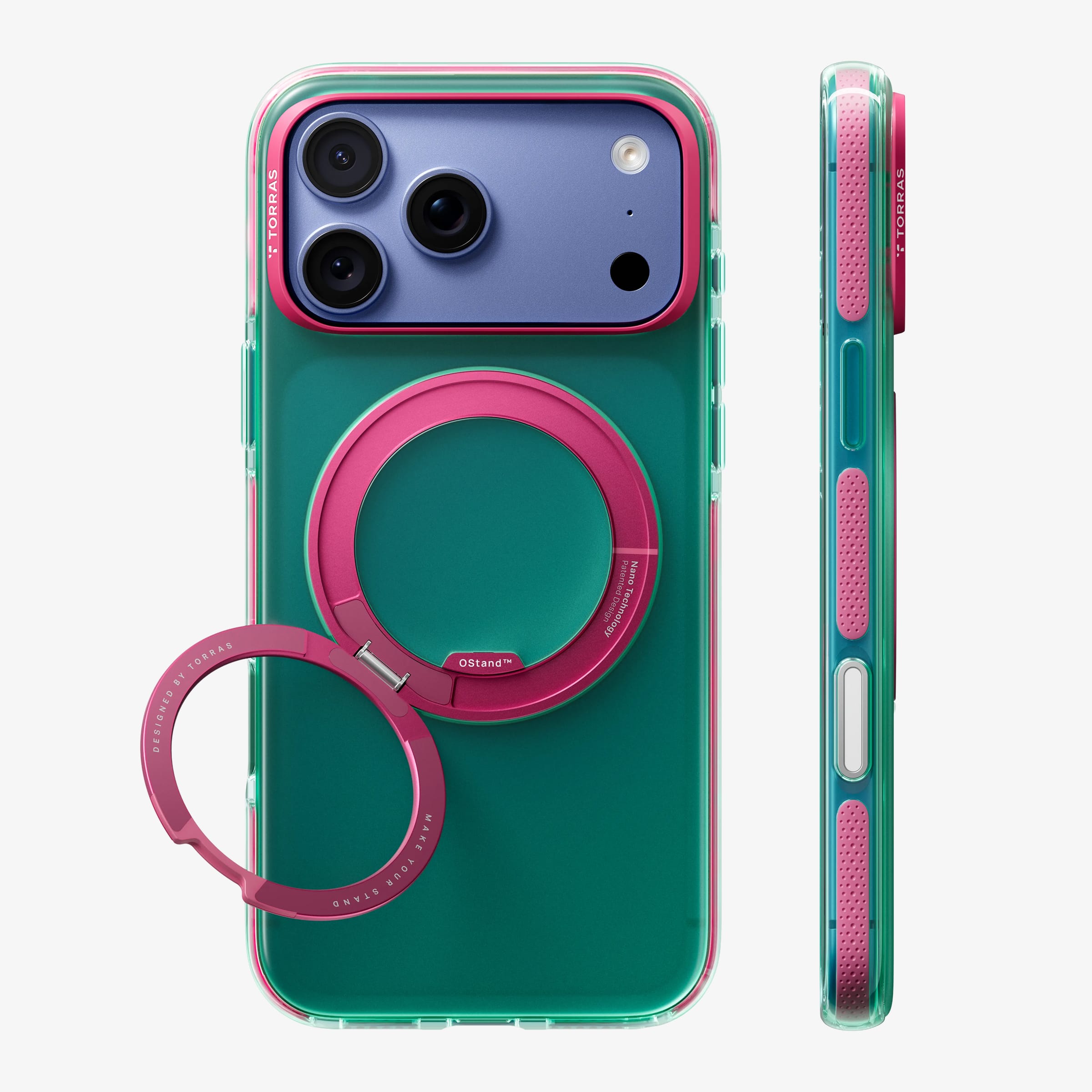 TORRAS Ostand O3 Hue ケース iPhone 18 Pro/Pro Max 対応、グリーンのクリアケースにピンクのリングStandを立てた背面ビュー。