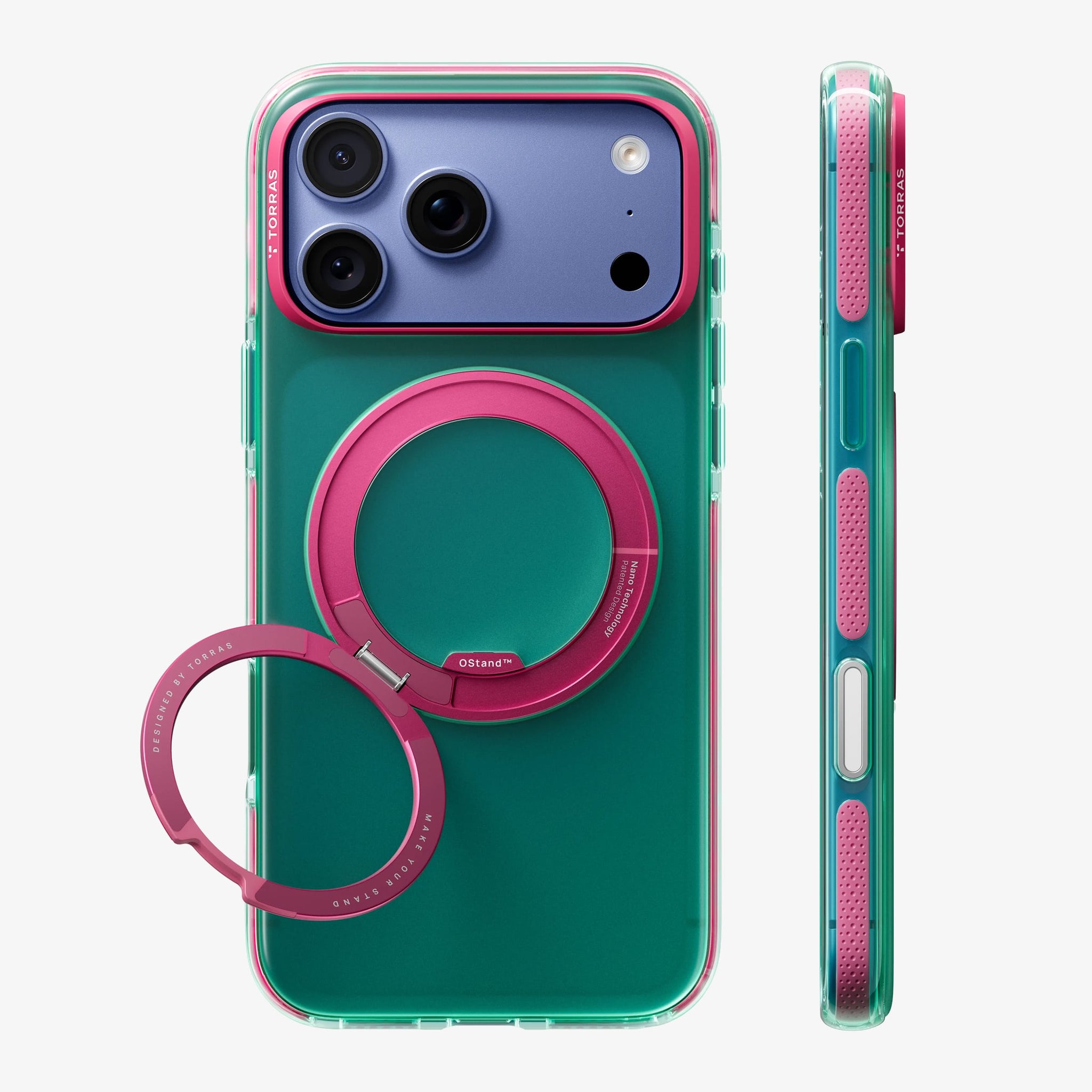 TORRAS Ostand O3 Hue ケース iPhone 18 Pro/Pro Max 対応、グリーンのクリアケースにピンクのリングStandを立てた背面ビュー。