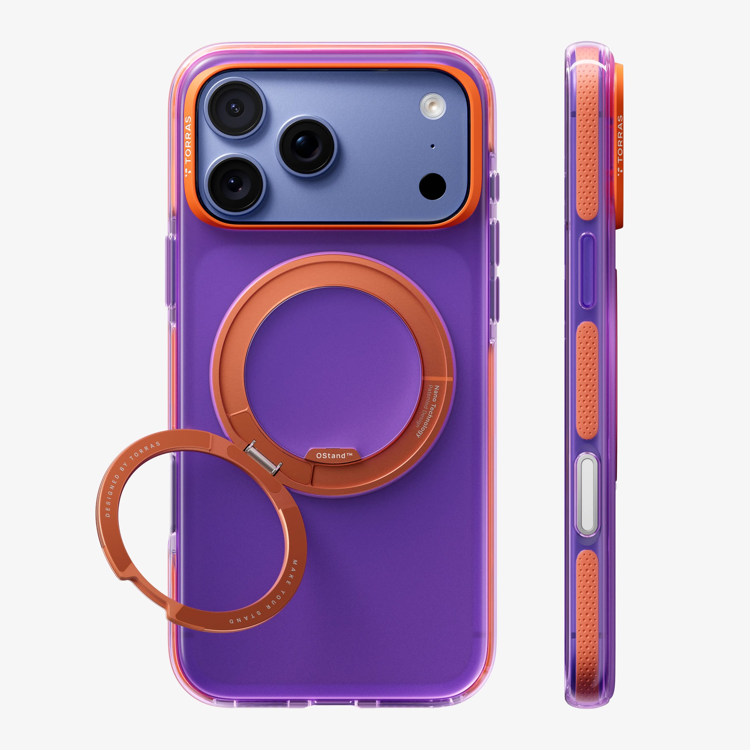 TORRAS Ostand O3 Hue ケース iPhone 18 Pro/Pro Max 対応、パープルケースにピンクのリングStandを立てた背面ビュー。