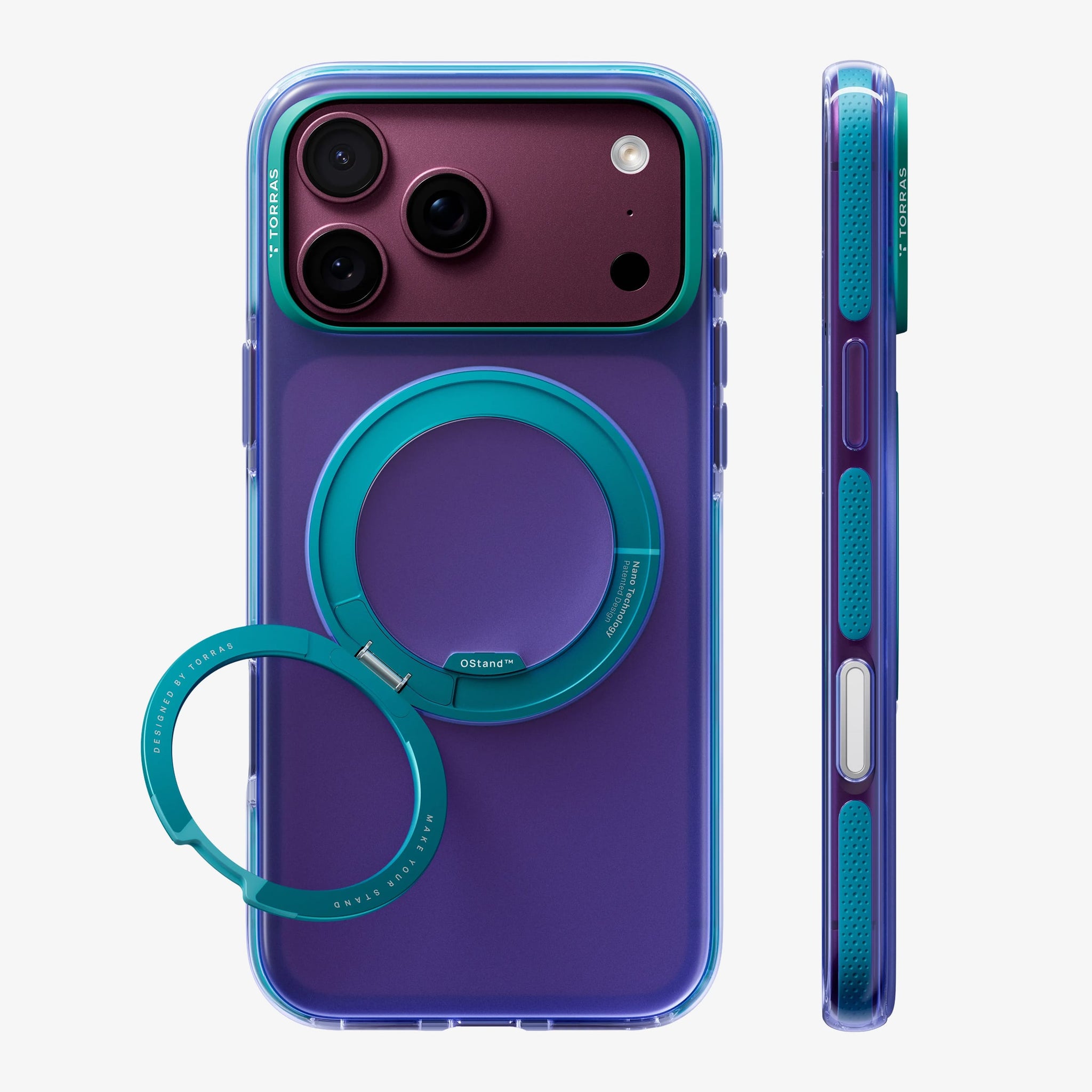 TORRAS Ostand O3 Hue ケース iPhone 18 Pro/Pro Max 対応、パープルケースにティールのリングStandを立てた背面ビュー。