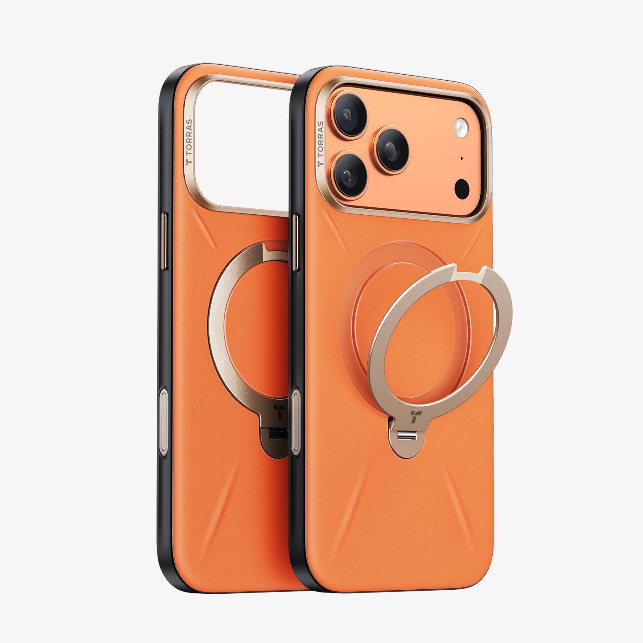 TORRAS Ostand Q3 レザートーン ケース iPhone 18 Pro/Pro Max 対応、オレンジとベージュの2色革調ケースが並ぶバリエーション展開。
