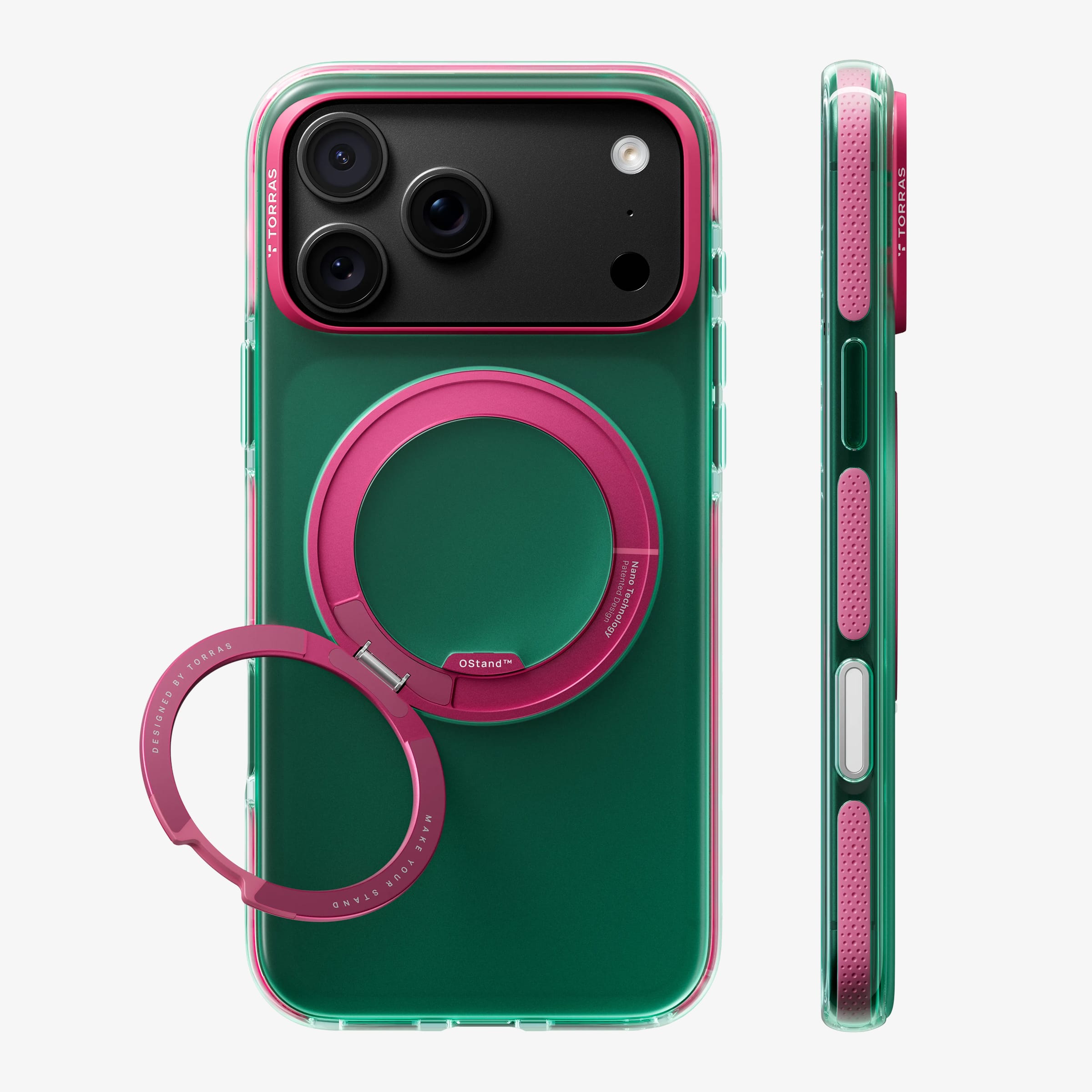 TORRAS Ostand O3 Hue ケース iPhone 18 Pro/Pro Max 対応、パープルケースにピンクのリングStandを立てた背面ビュー、別アングル。
