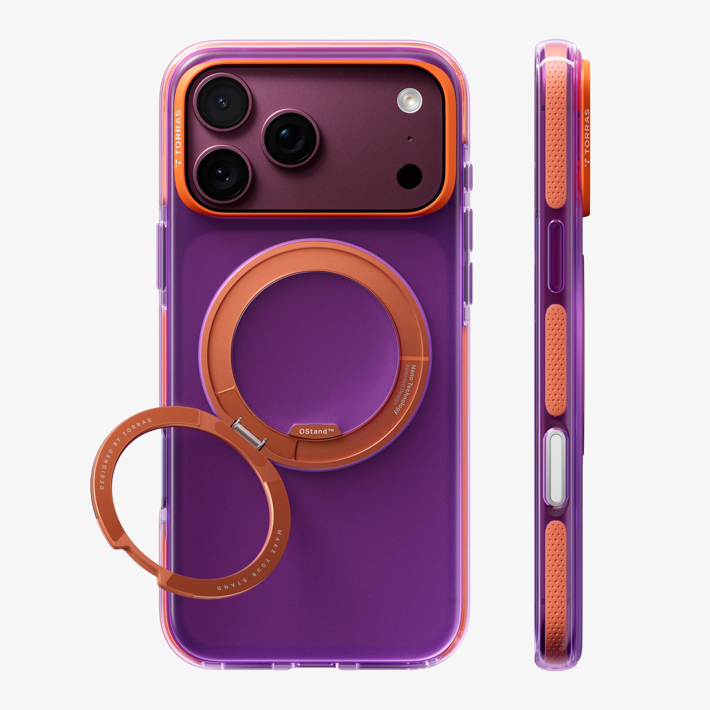 TORRAS Ostand O3 Hue ケース iPhone 18 Pro/Pro Max 対応、パープルケースにオレンジのリングStandを立てた背面ビュー。