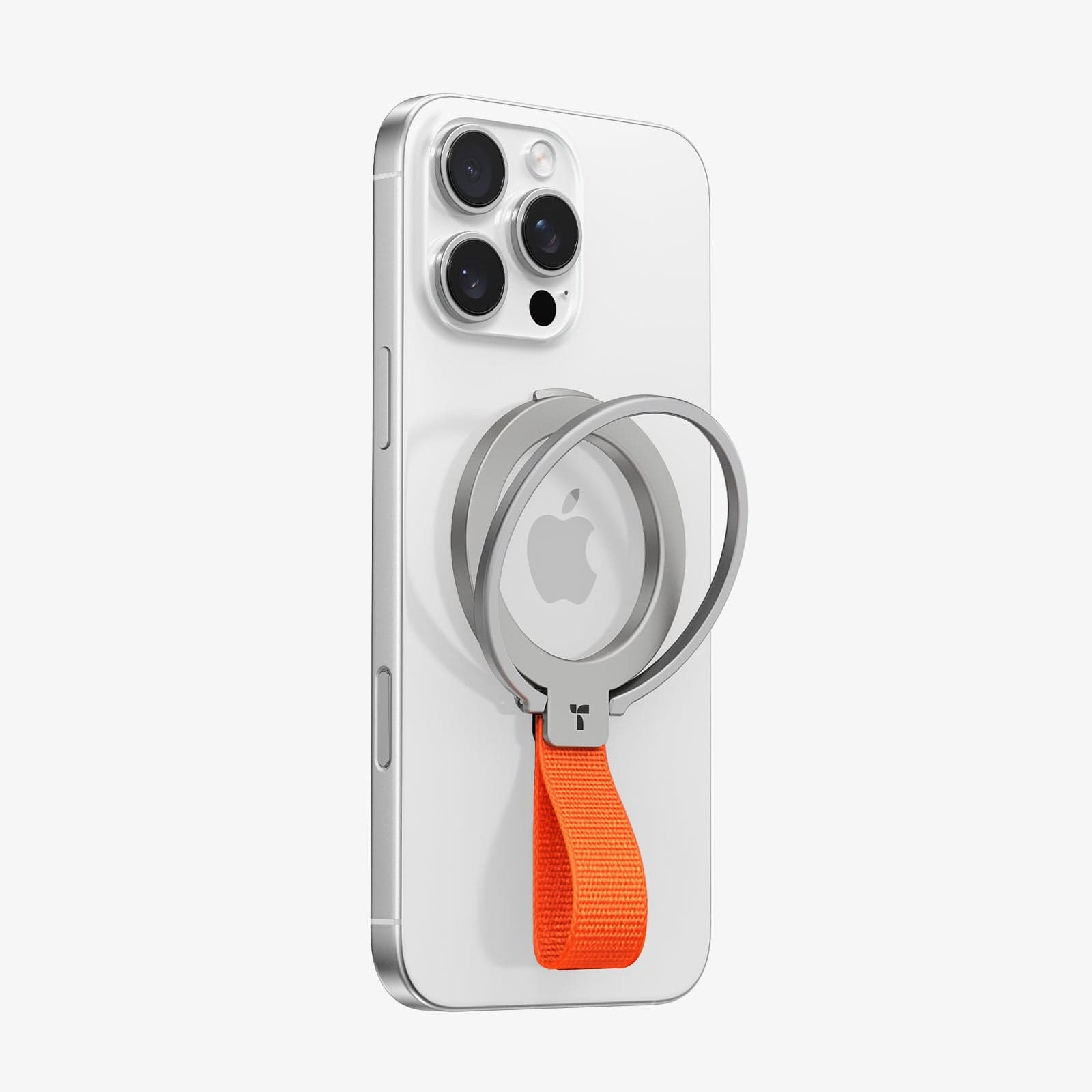 白いiPhoneにオレンジ色のストラップが付いたSilver OmniRingスマートフォンリング